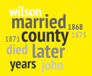 A wordcloud showing that the words used most in context with John Wilson were "married" and "county"