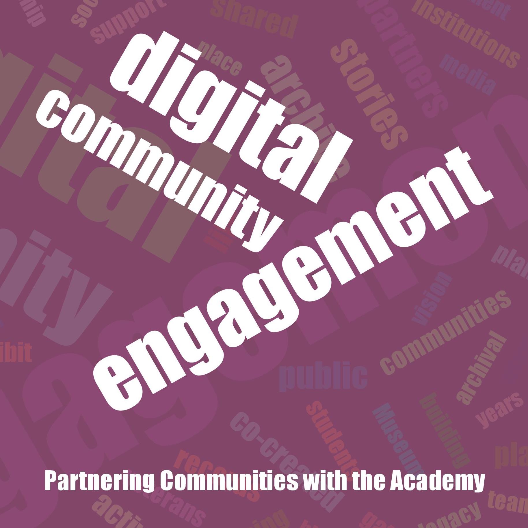 purple book cover for digital community engagement. graphic is a word cloud