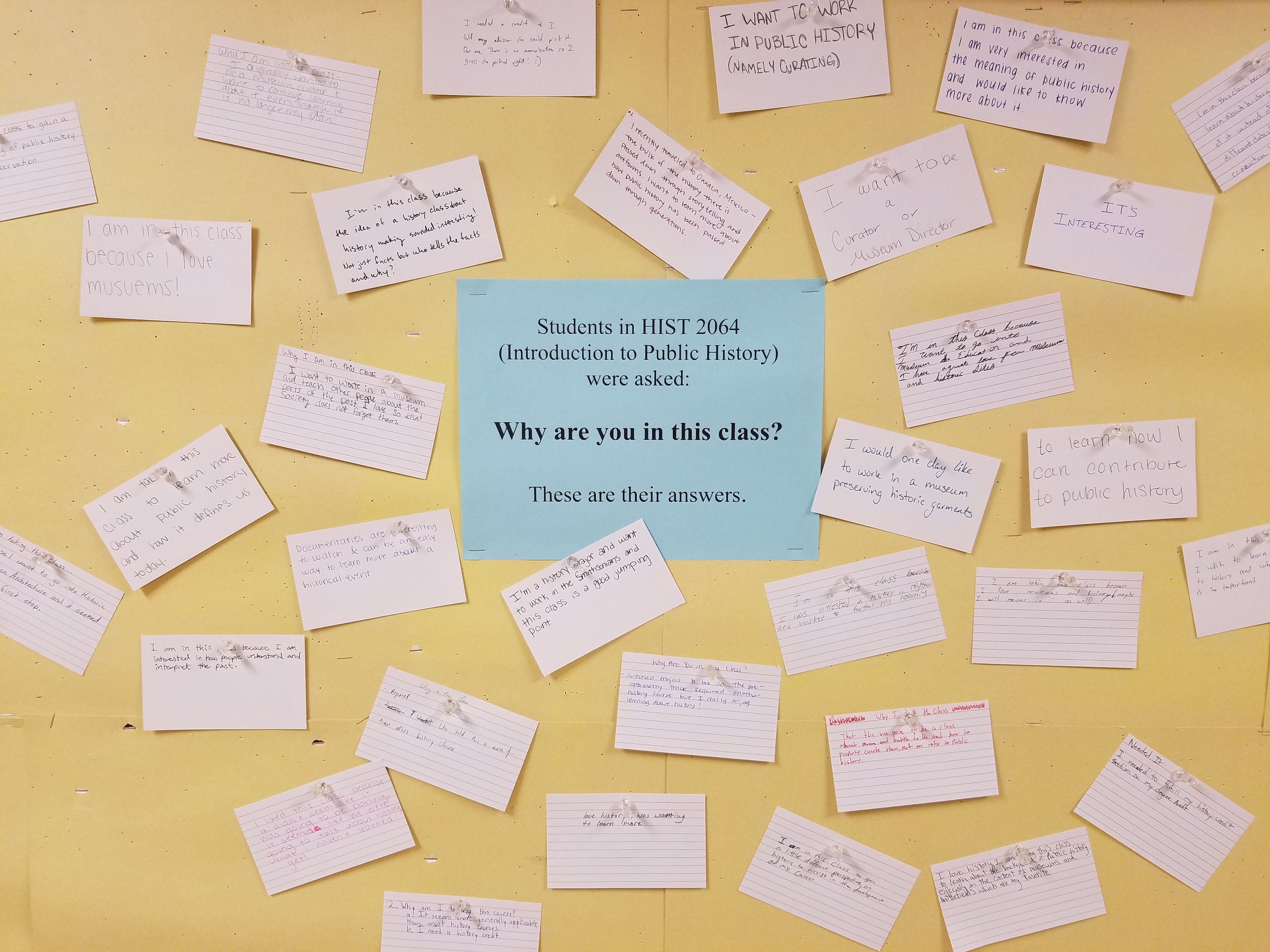 photograph of a bulletin board covered with index cards explaining why student took the public history class