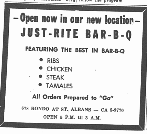 1959 newspaper advertisement for Just Rite BBQ