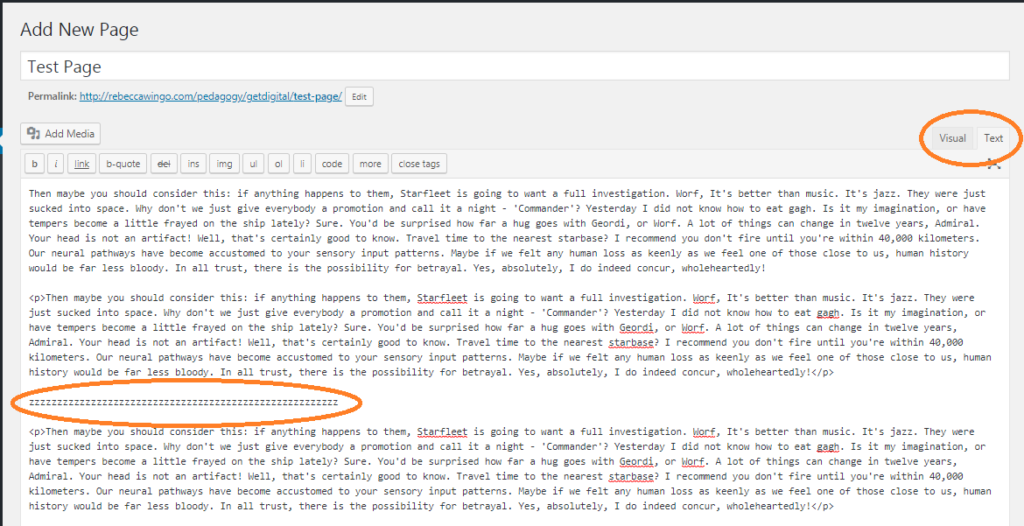 screenshot of the HTML view of a body of text in a webpage
