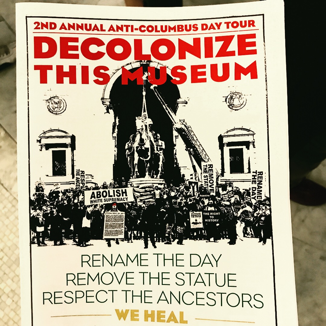poster for an anti-columbus day tour of a museum