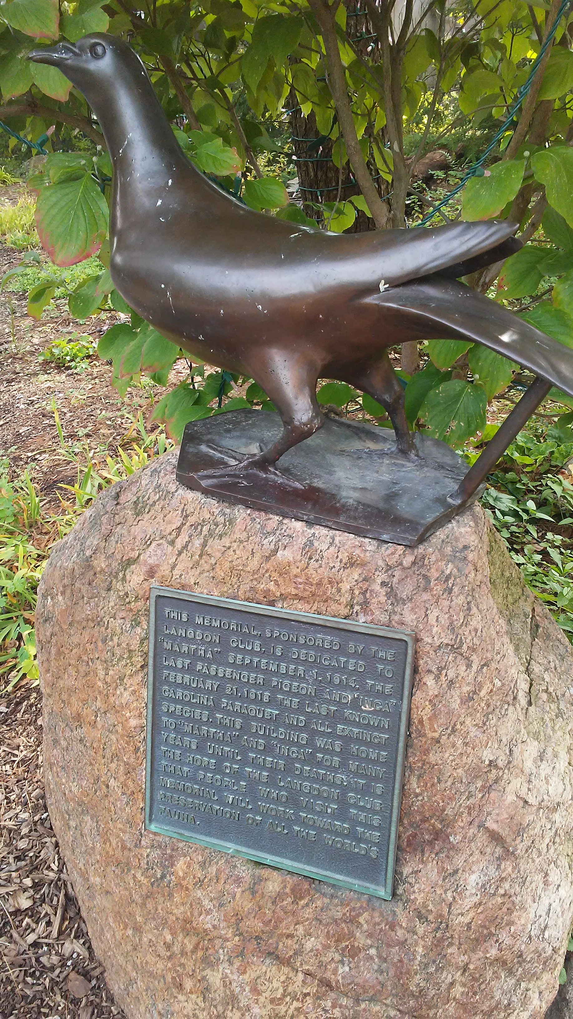 A lager than life bronze pigeon stand upon a granit rock with a bronze plaque underneath it. The text of the plaque will be described in the next image.