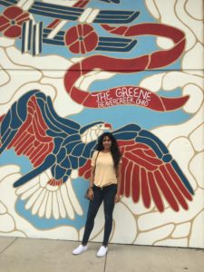 A mural found in Dayton, Ohio portraying the first plane. Red, White, and blue are the color themes of the photo providing a patriotic feel. 