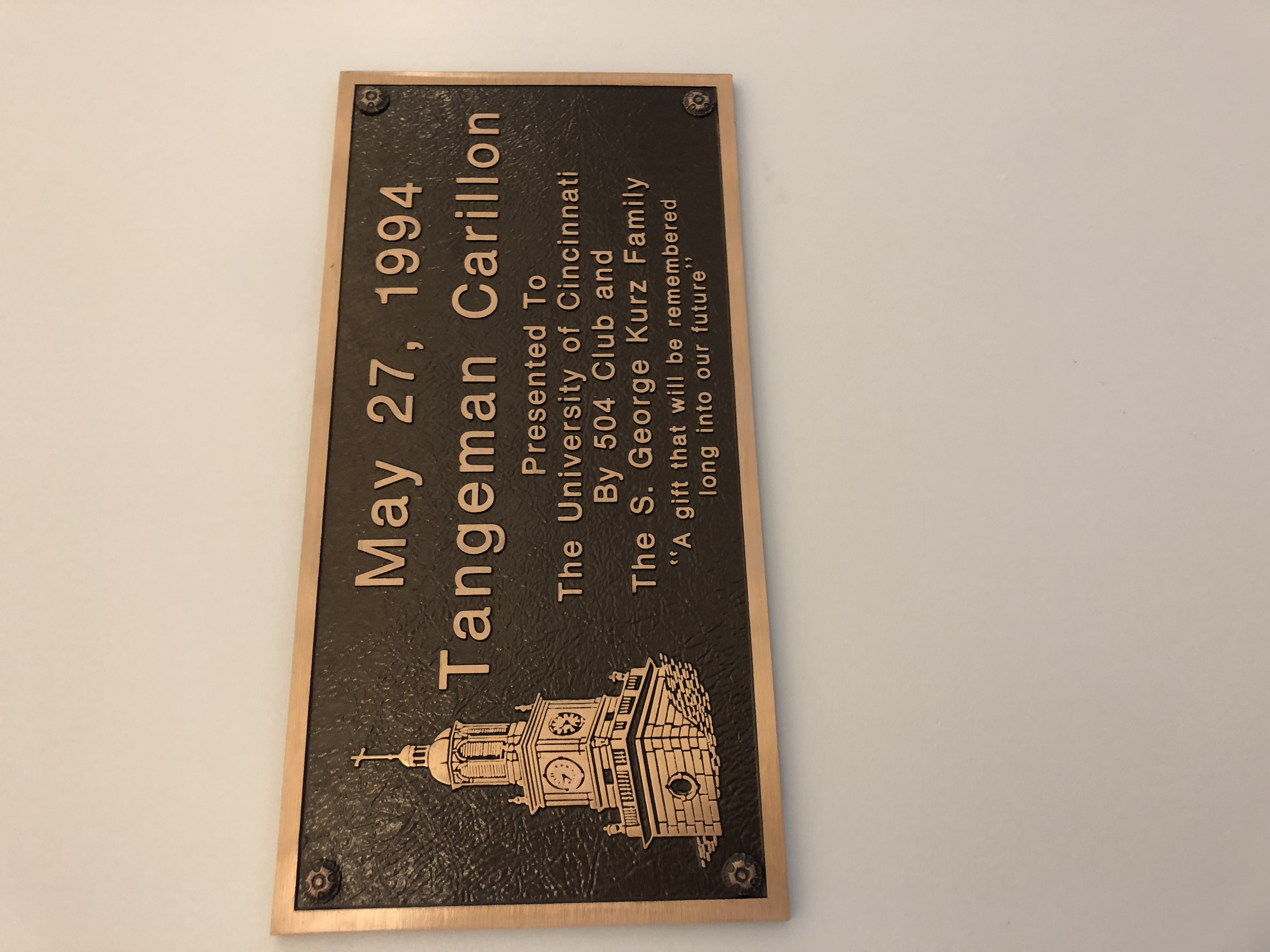 plaque about a clock tower at tangeman center