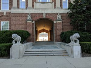 A frontal view of the lions, which would be the first site people see approaching the campus from Calhoun street