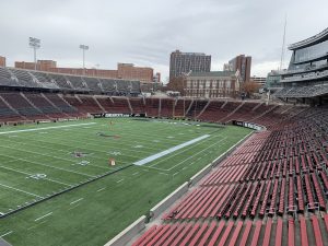 Nippert Stadium on a cold, rainy, windy day in November, being prepared for the next home football game.