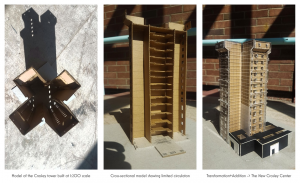 A model depicting the interior archetecture of Crosley Tower. THe building follows the basic shape of two tall shafts, meant for bathrooms and stairs, surrounding many floors in between.