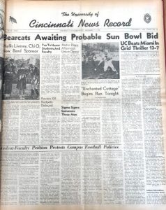 University of Cincinnati News Record from December 5, 1946 when students announced petition against discrimination in football