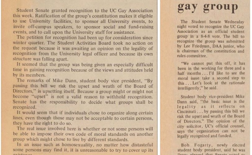 News Record from 1973, detailing discussions on the acceptance of gay clubs on campus.