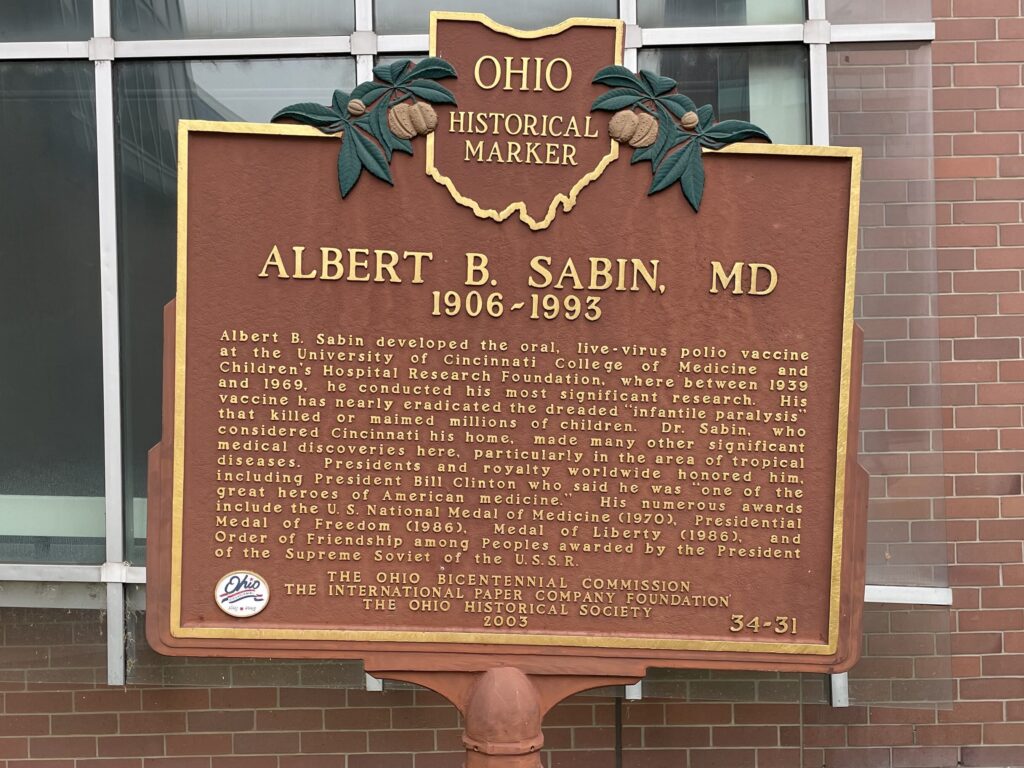 Ohio Historical Marker for Albert B. Sabin MD at the Front entrance of the Vontz Center.