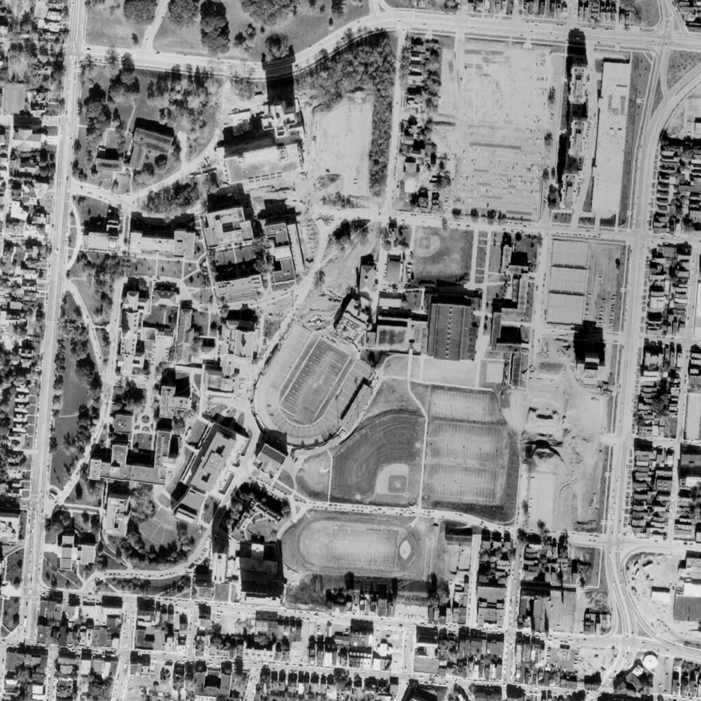 1968 Aerial photo showing the UC campus after construction of MLK Drive as well as the Jefferson Avenue project, showing campus boundaries as we know them today. 