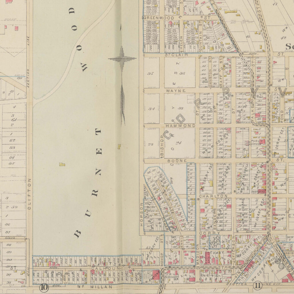 1884 Robinson Atlas showing Burnett Woods Park and a Corryville residential area that would later become the University of Cincinnati campus. 