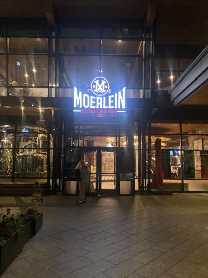 exterior of morelein lager house at night