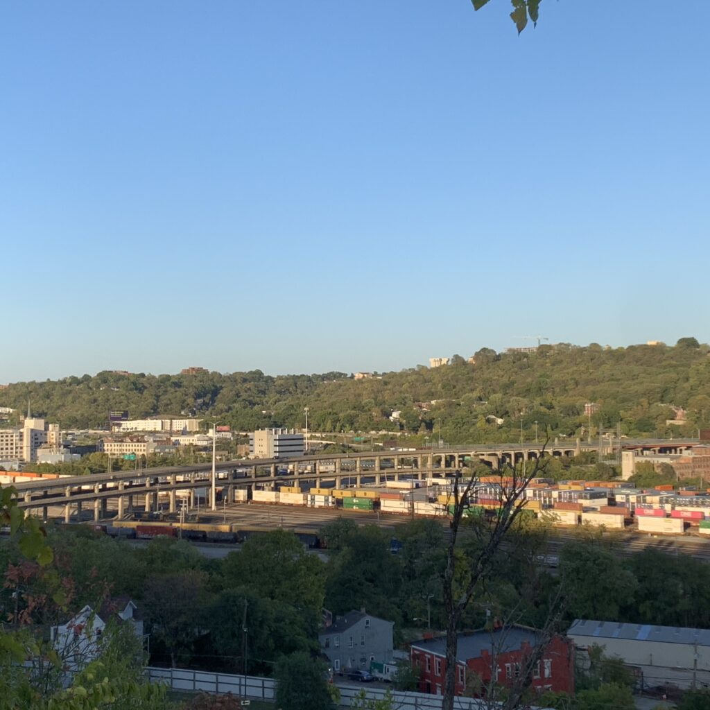 Contemporary view looking east over the Western Hills Viaduct and the Camp Washington Rail Yard