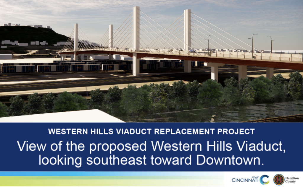 Artist rendering showing the replacement Western Hills Viaduct, designed in the modern style.