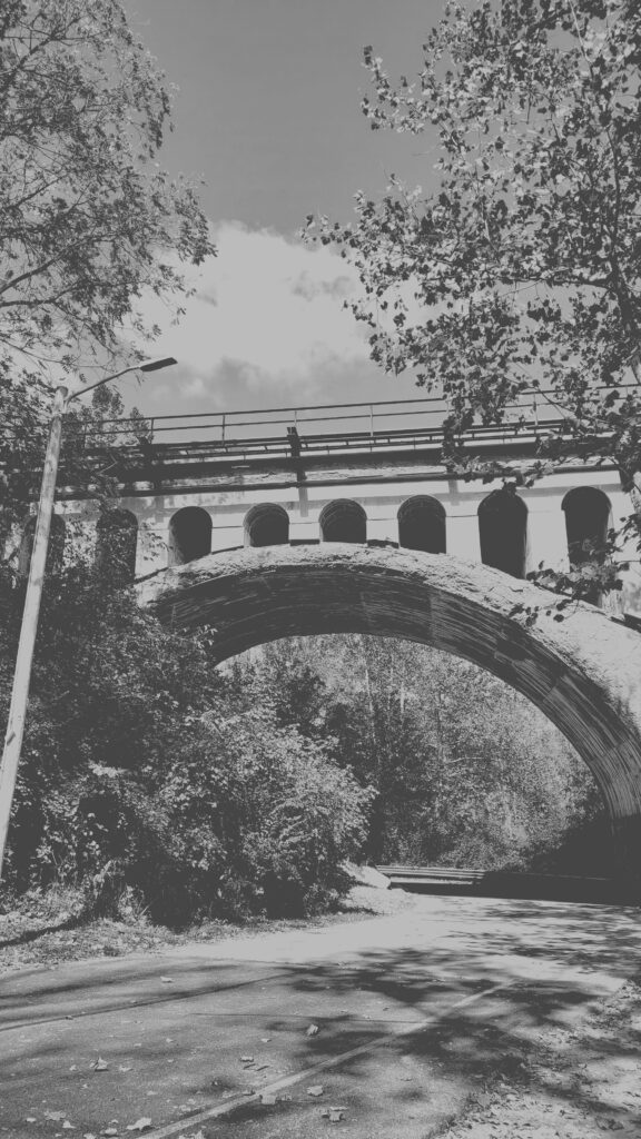 Black and white filtered photo of the bridge currently