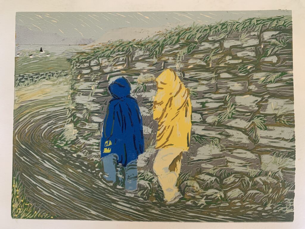 Woodcut Lithograph imago of two people in raincoats walking down a road in Galway, Ireland