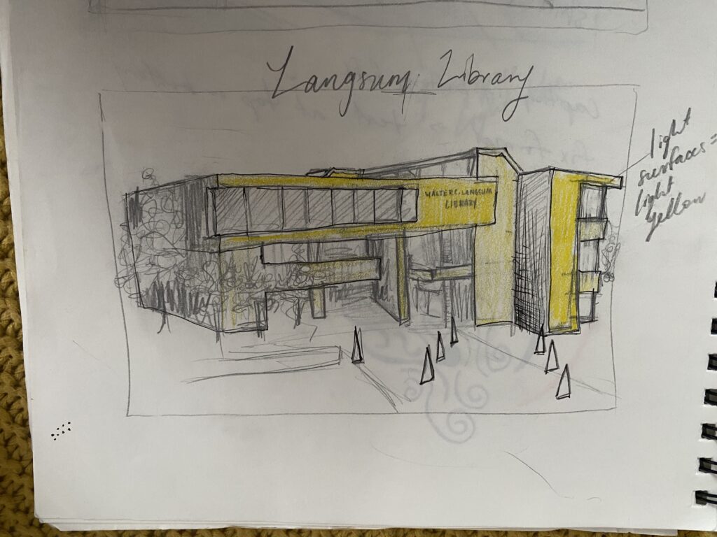 A sketch of the Langsam Library from Hannah's Sketchbook.