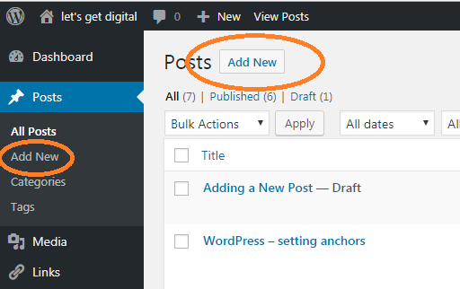 Image showing where the "Add new" button is under "posts"