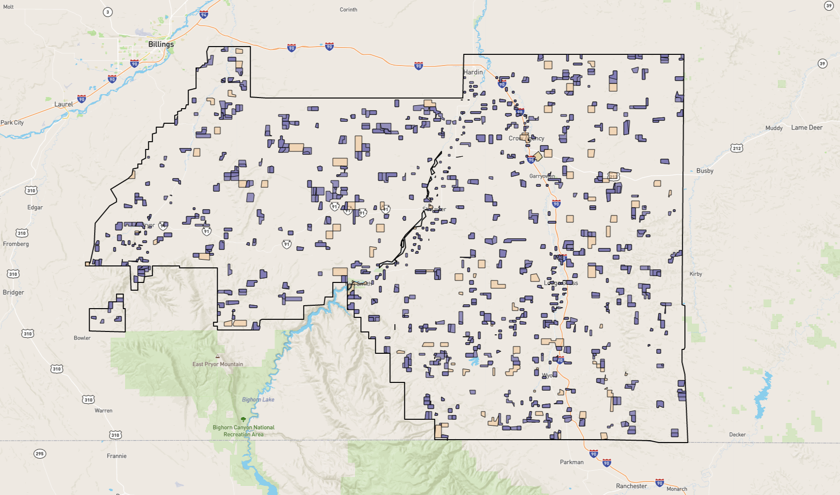 outline of the crow reservation with small purple and tan squares outlining individual parcels